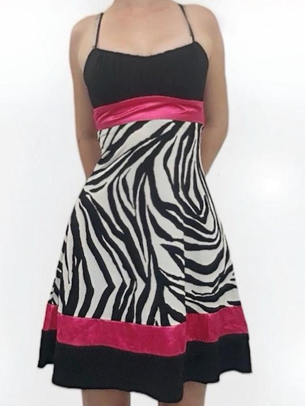 Black & White Zebra Print Spaghetti Strap Dress with Pink Accents